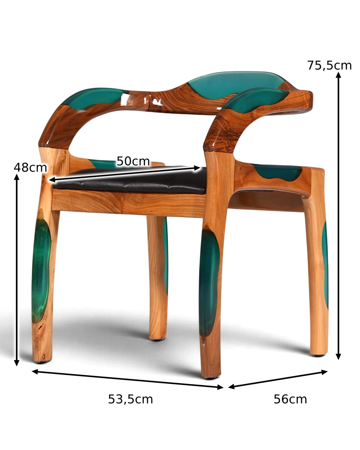 Epoxy fauteuil "Arnson Plus Green" Epoxyhars armleuningfauteuil massief houten stoel Notenhout secretaresse stoel