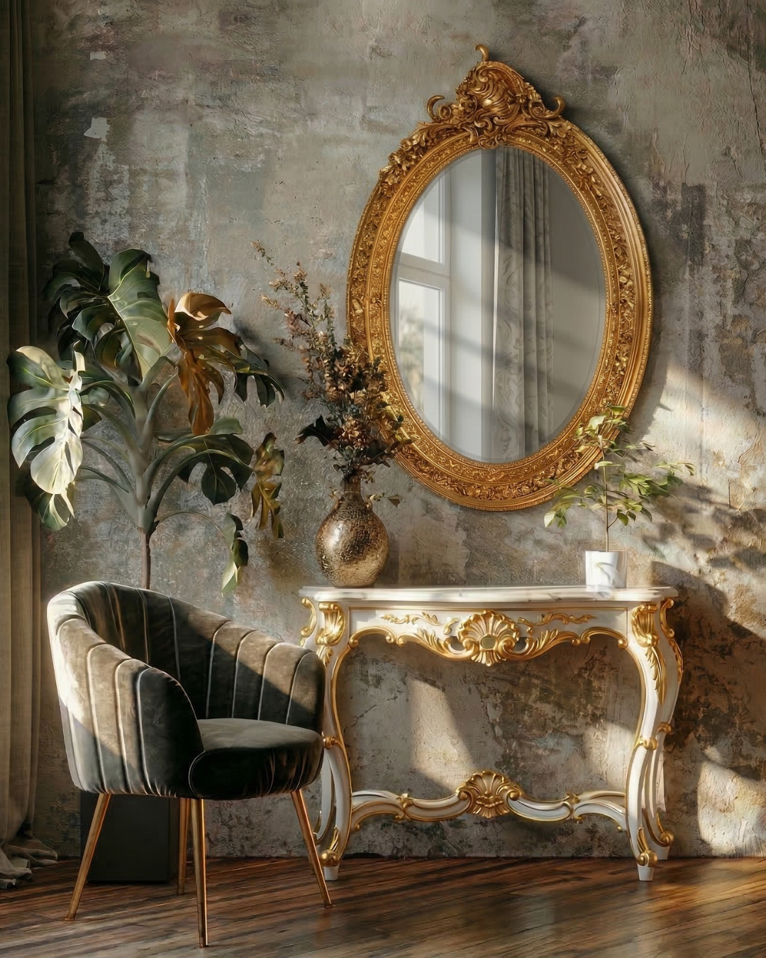 Wunderschöner Ovaler Prunk Barock Stil Wandspiegel Ornamenten Gold Spiegel