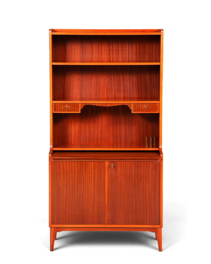 Hauptstadt Möblerei Mid Century ahşap sekreter ve kitaplık, ayarlanabilir raflı ve çalışma yüzeyli vintage mobilya.