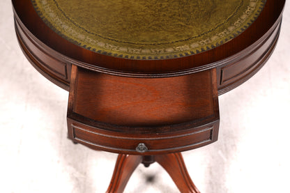 Edler Englischer Trommeltisch Mahagoni Beistelltisch Drum Table mit grüner Lederauflage Antik Vintage