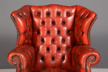 Originele Chesterfield-oortfauteuil met hocker, echt leer, Engelse herenfauteuil, leren fauteuil, antiek, vintage