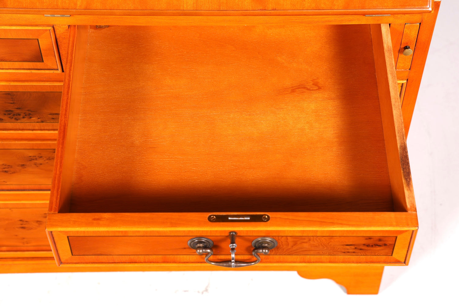 Stylish English secretary desk, office desk, yew wood, antique style, genuine leather top, display cabinet, UK