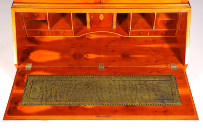 Stylish English secretary desk, office desk, yew wood, antique style, genuine leather top, display cabinet, UK