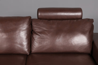 Beautiful Stressless E200 corner sofa in genuine brown leather with chaise longue, footstool, and vintage leather upholstery.