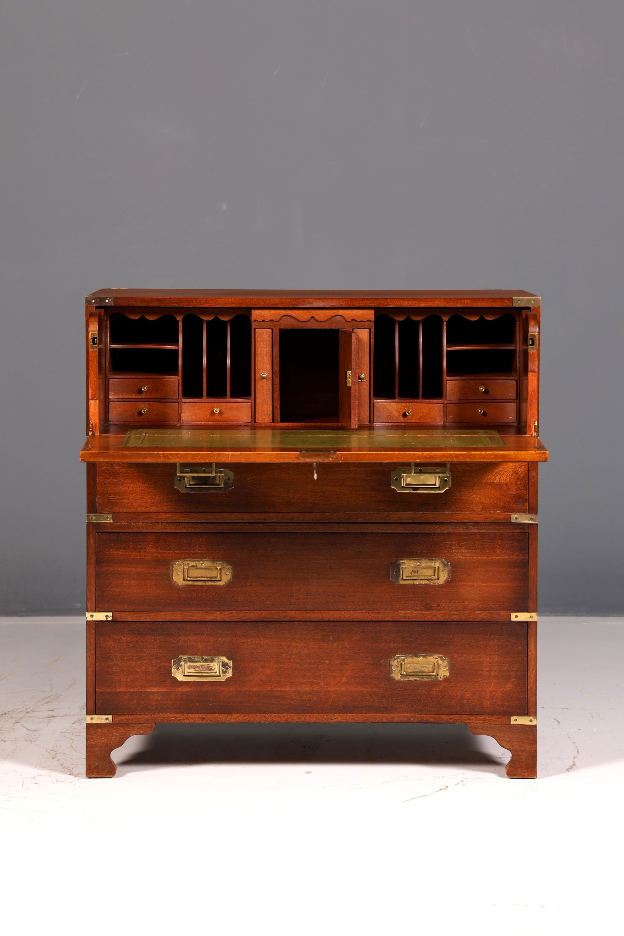 Prachtige maritieme Engelse secretaire-schrijfcommode met echt leren blad, antiek vintage