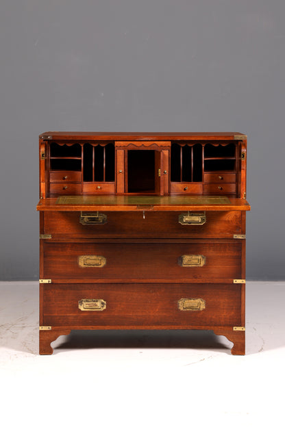 Prachtige maritieme Engelse secretaire-schrijfcommode met echt leren blad, antiek vintage