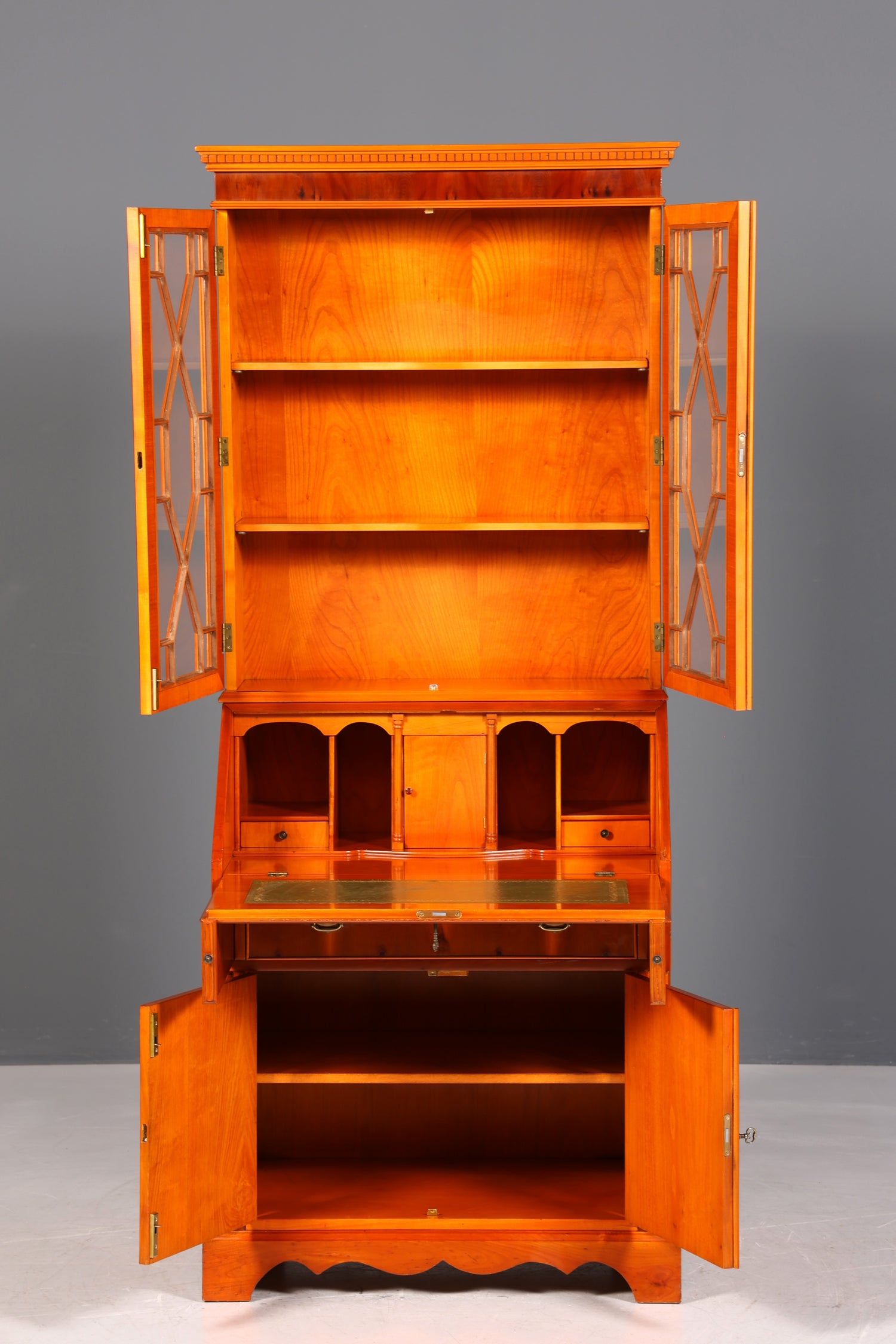 Stylish English secretary desk, office desk, yew wood, antique style, genuine leather top, display cabinet, UK