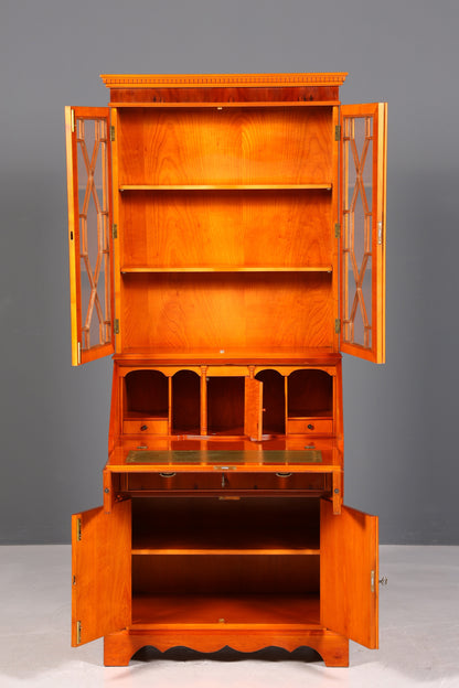 Stylish English secretary desk, office desk, yew wood, antique style, genuine leather top, display cabinet, UK
