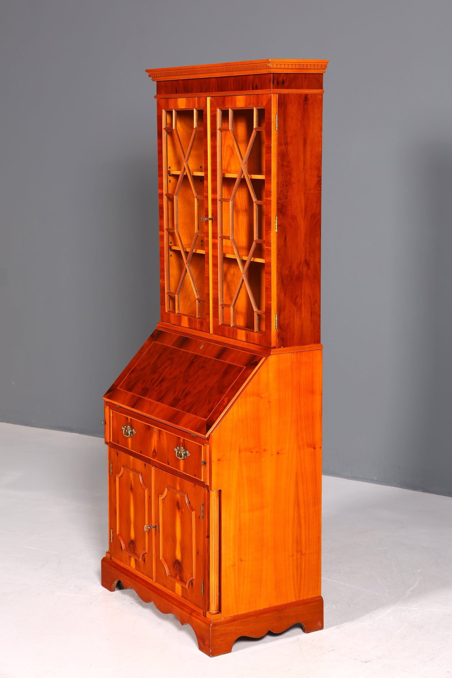 Stylish English secretary desk, office desk, yew wood, antique style, genuine leather top, display cabinet, UK
