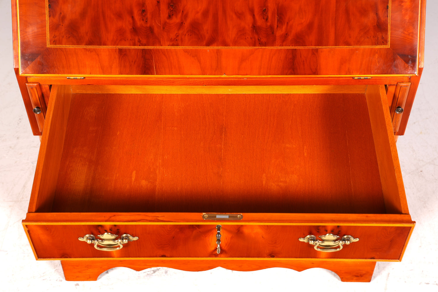 Stylish English secretary desk, office desk, yew wood, antique style, genuine leather top, display cabinet, UK