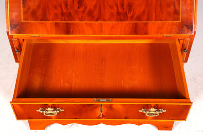 Stylish English secretary desk, office desk, yew wood, antique style, genuine leather top, display cabinet, UK