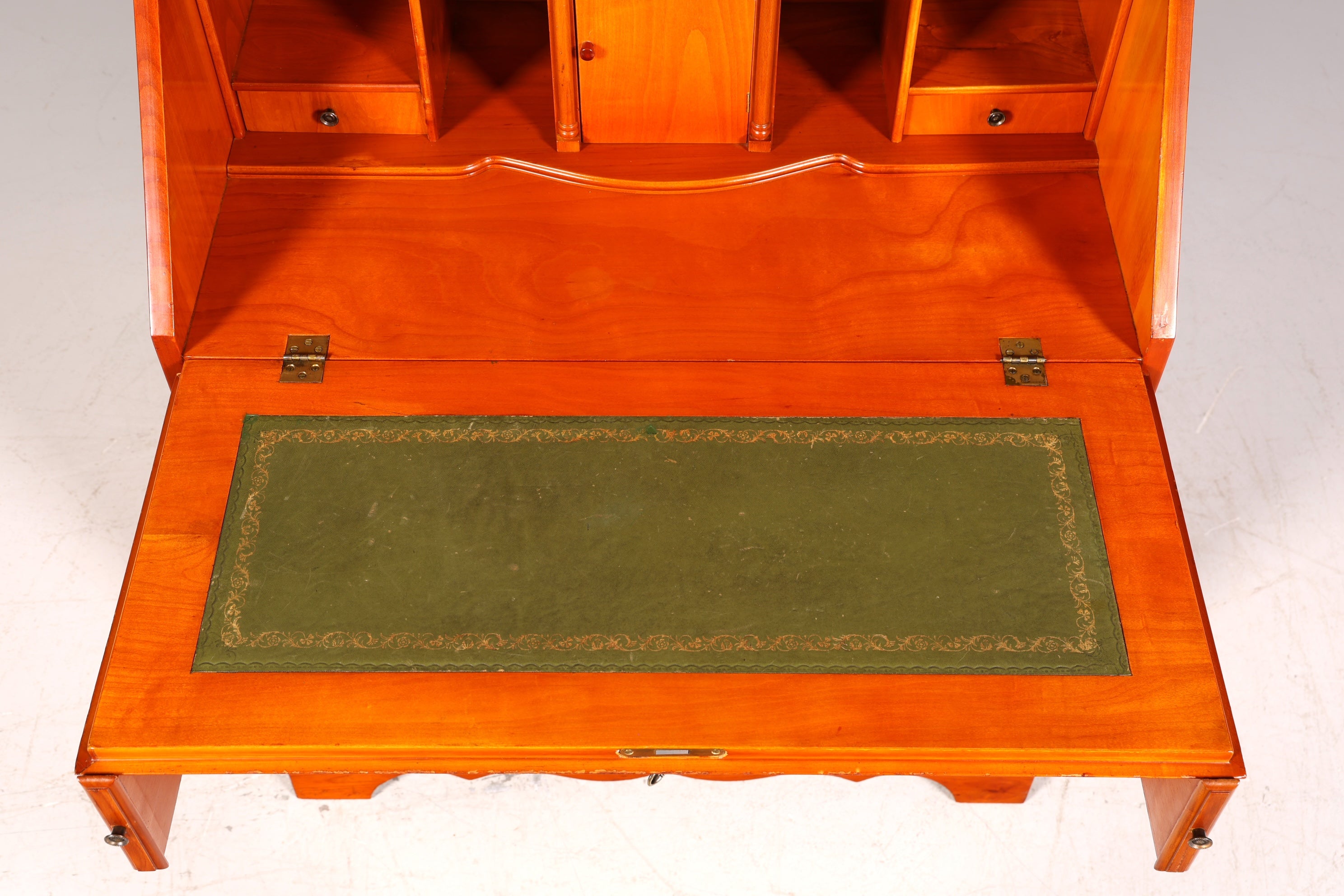 Stylish English secretary desk, office desk, yew wood, antique style, genuine leather top, display cabinet, UK