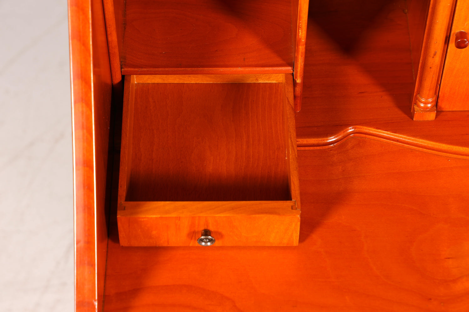 Stylish English secretary desk, office desk, yew wood, antique style, genuine leather top, display cabinet, UK