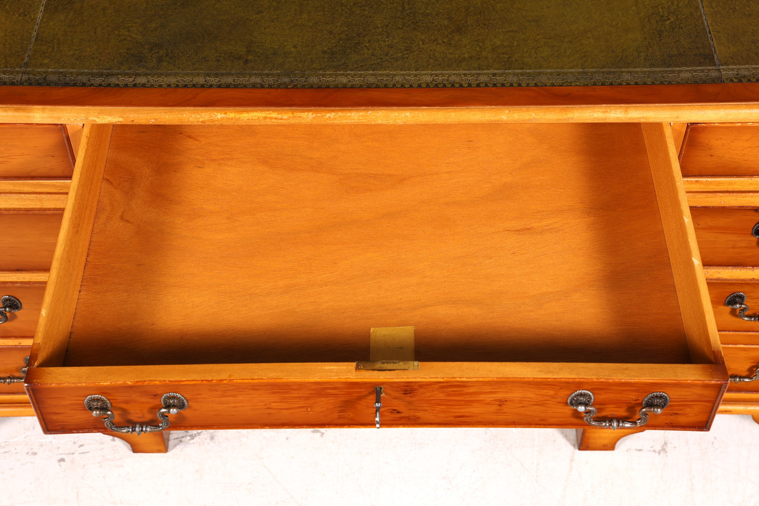 Beautiful English desk, yew wood, leather top, antique style office desk