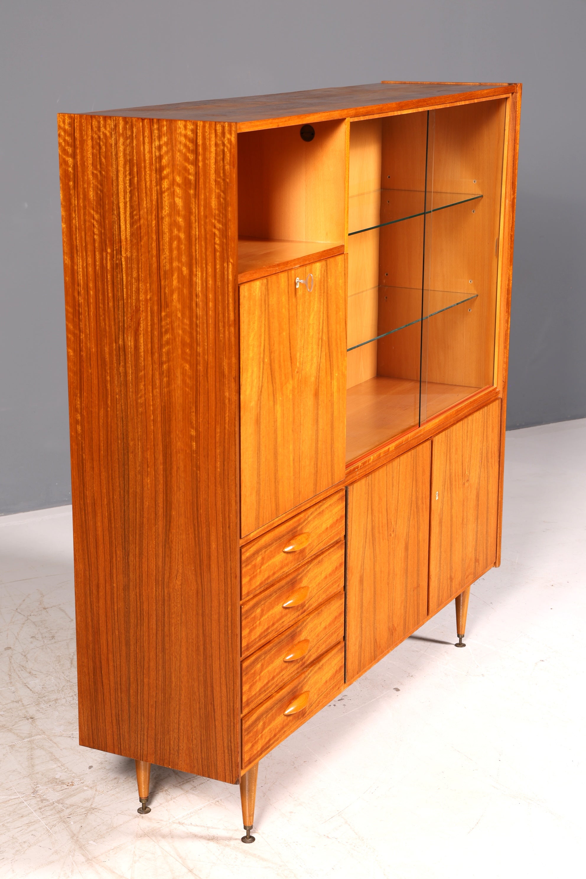 Wunderschöner Mid Century Schrank Vintage Highboard Vitrine Bücherschrank Wohnzimmerschrank Barschrank echt Holz 60er