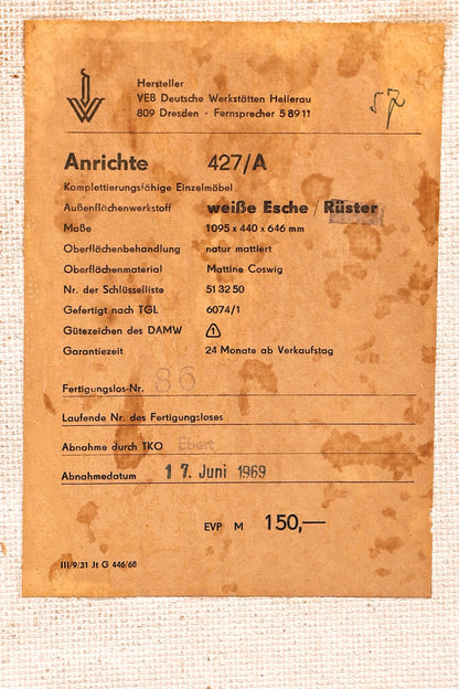 Prachtige originele Hellerau-kommode uit het midden van de twintigste eeuw, model 427, dressoir voor tv, vintage, echt hout