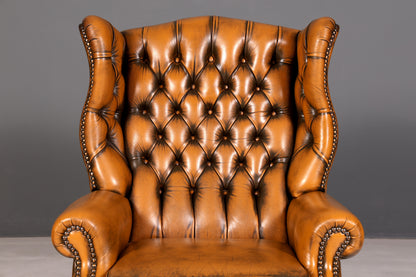 Prachtige originele Chesterfield-oorfauteuil van echt Engels leer, herenfauteuil, relaxfauteuil met ligfunctie, vintage