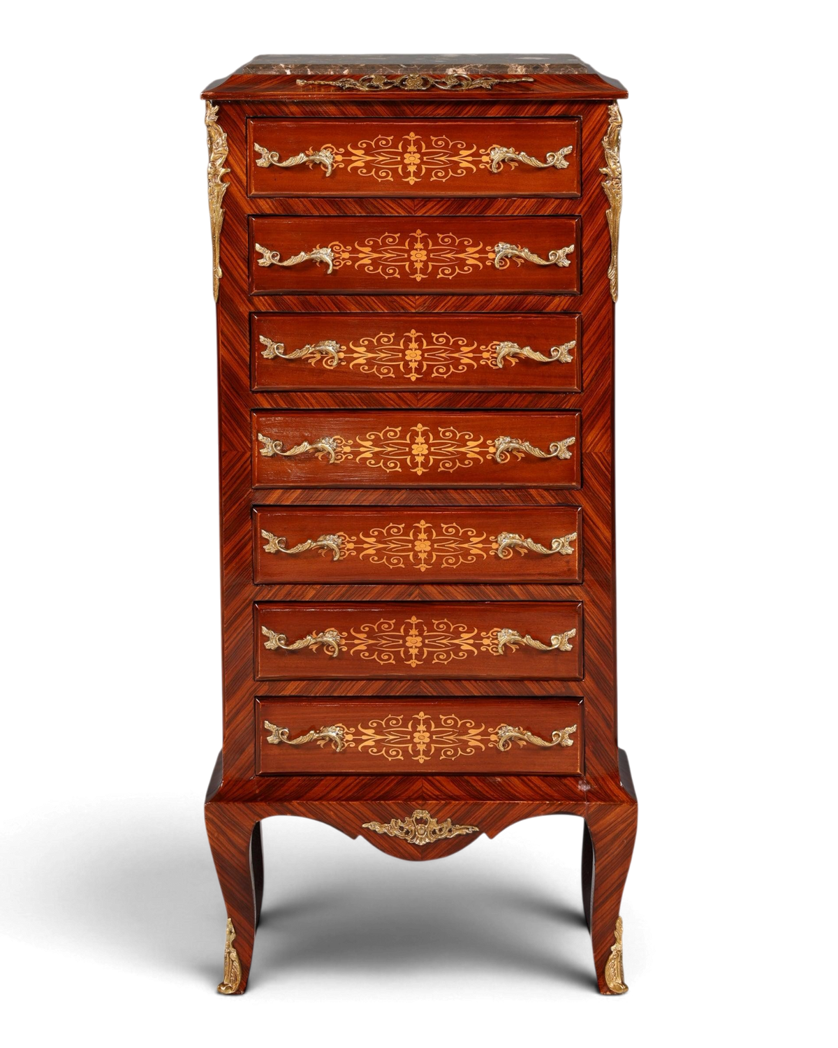 Wunderschönes Barock Stil Louis XV Highboard Marmor Vertiko Intarsien Kommode