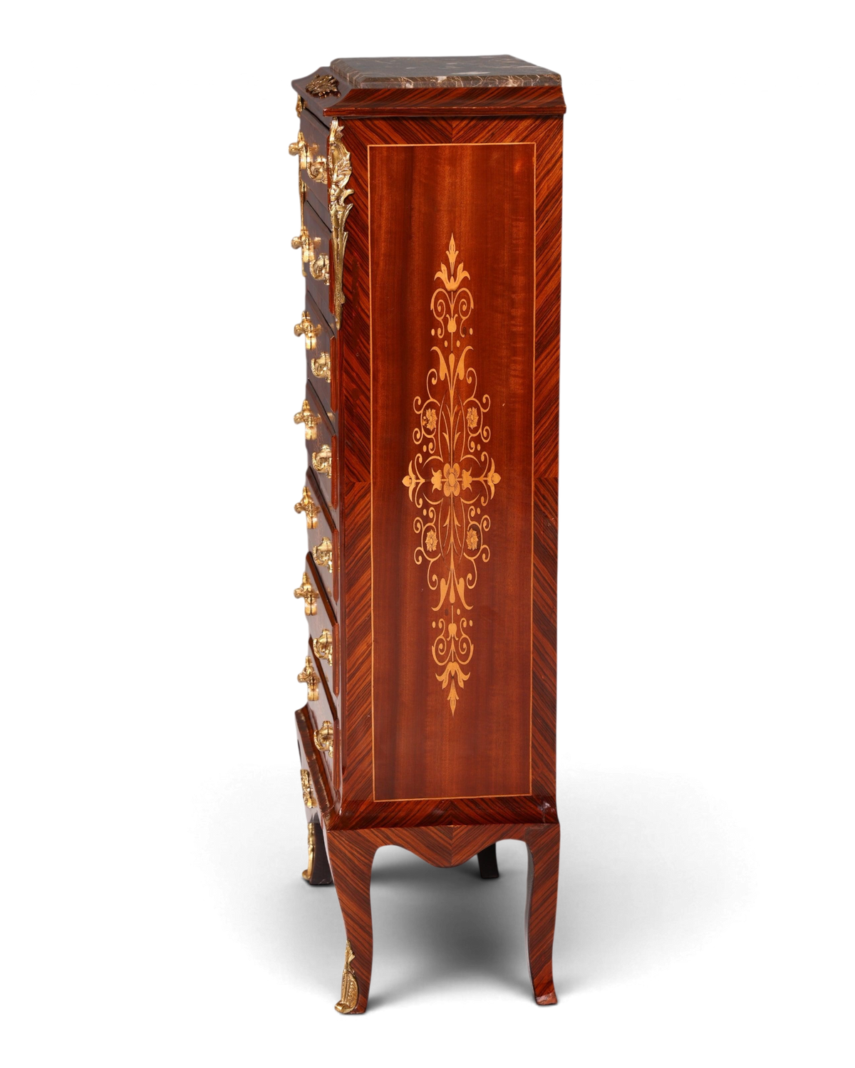 Wunderschönes Barock Stil Louis XV Highboard Marmor Vertiko Intarsien Kommode