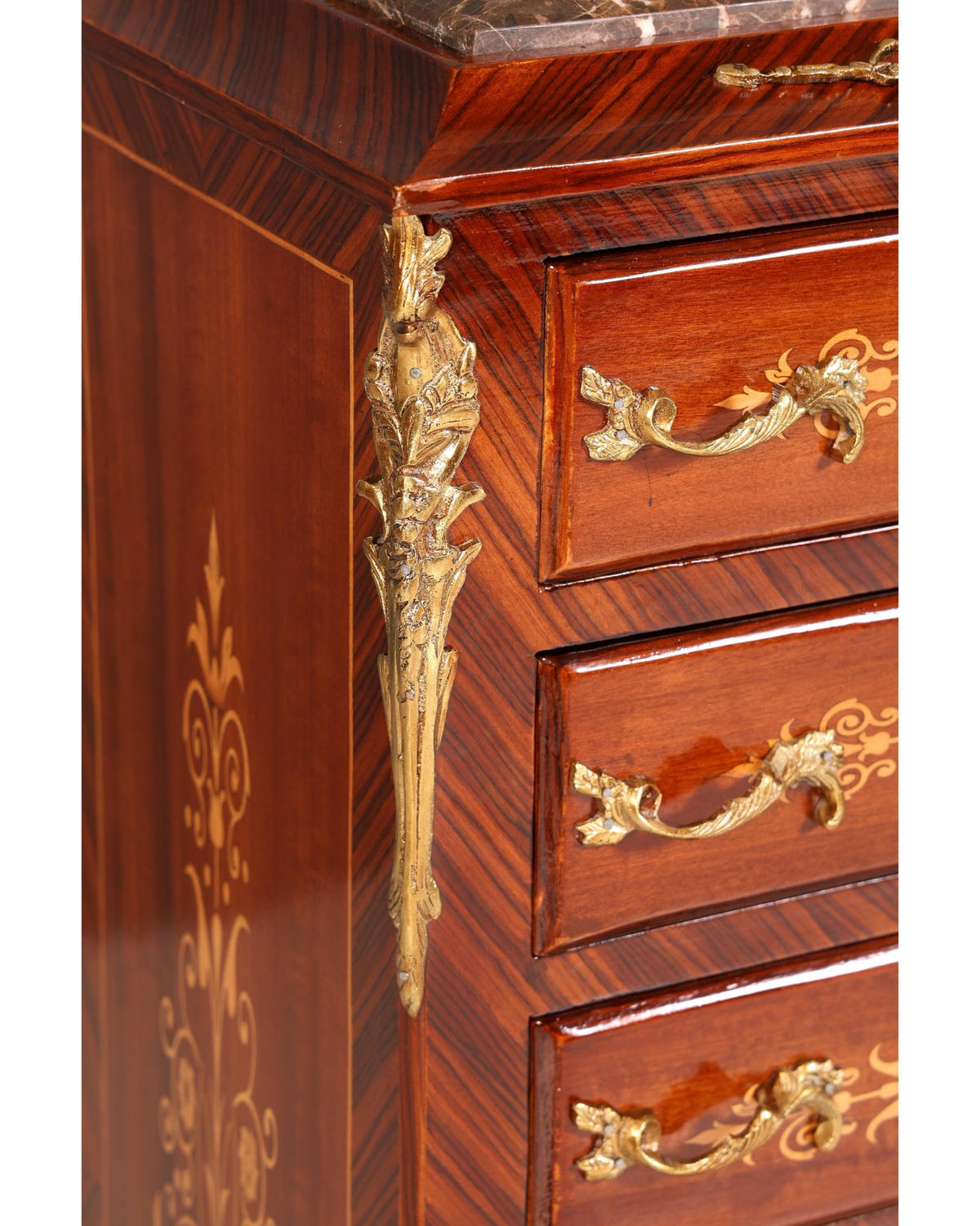 Wunderschönes Barock Stil Louis XV Highboard Marmor Vertiko Intarsien Kommode