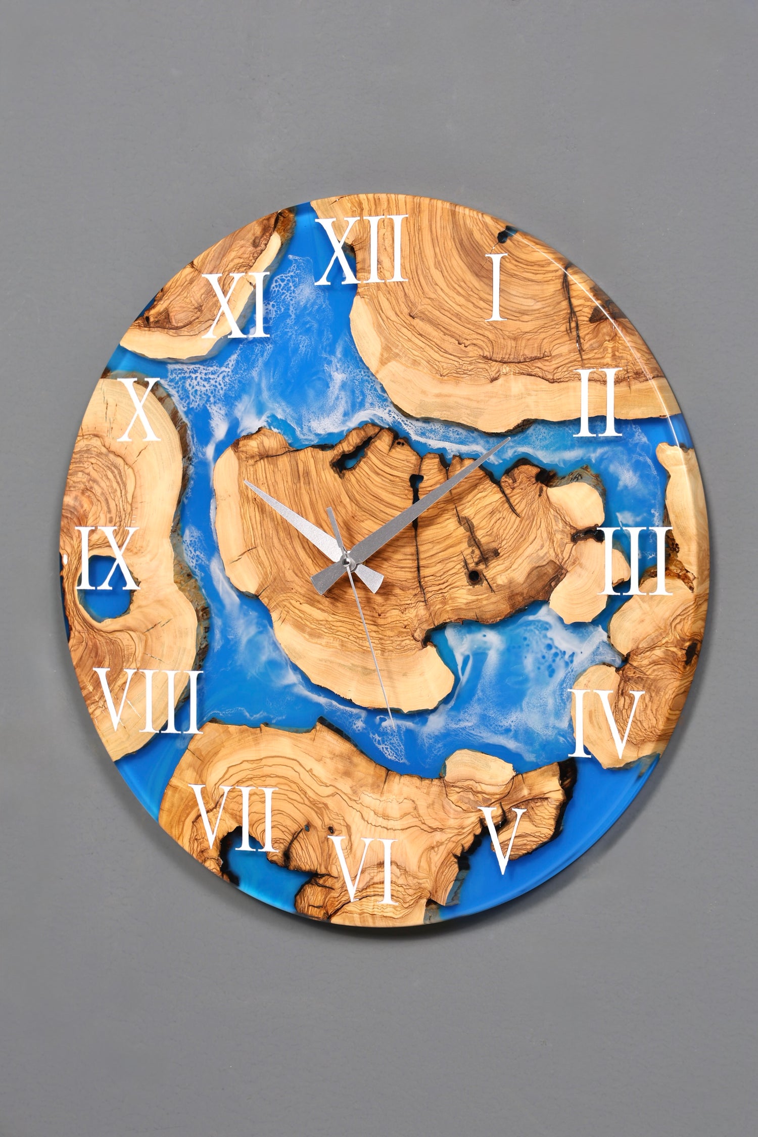Wunderschöne Handgefertigte Epoxidharz Wanduhr Olivenbaum Blue Sea Uhr Epoxy Analog Uhr