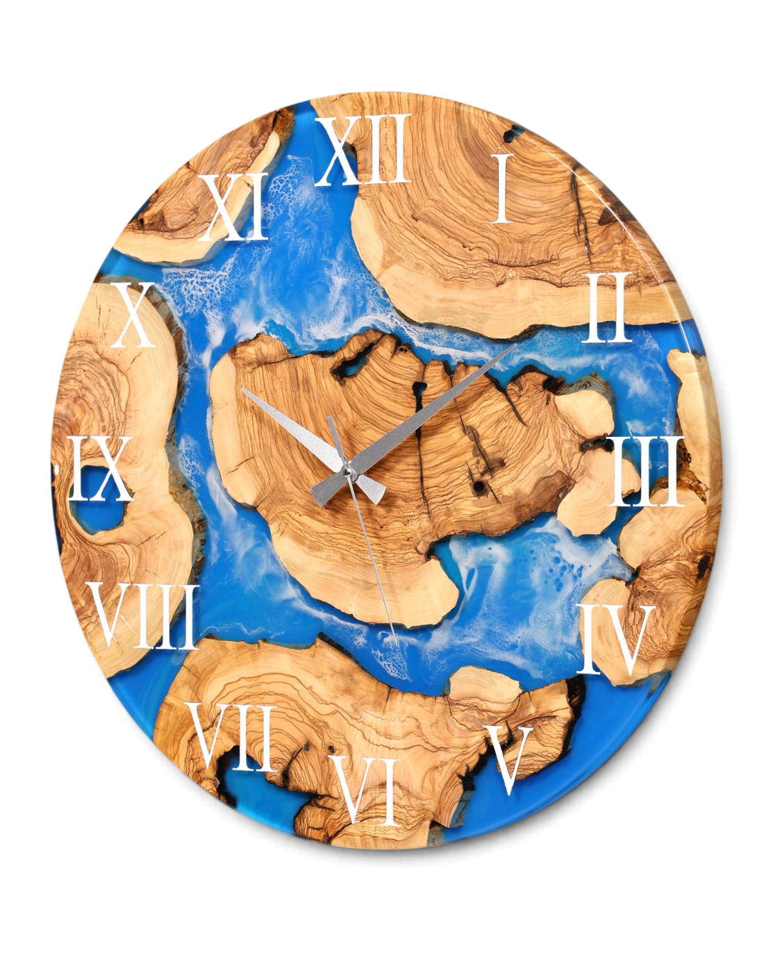 Wunderschöne Handgefertigte Epoxidharz Wanduhr Olivenbaum Blue Sea Uhr Epoxy Analog Uhr