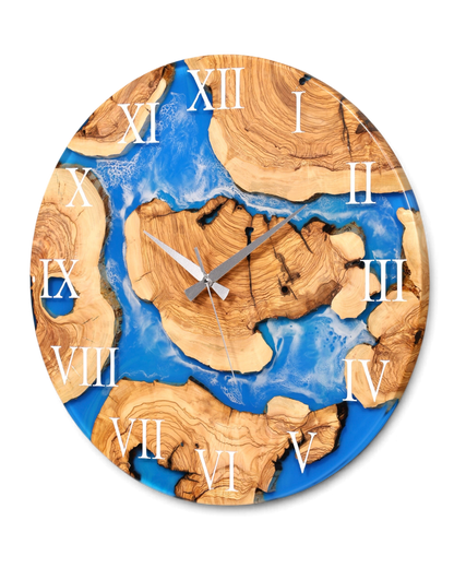 Wunderschöne Handgefertigte Epoxidharz Wanduhr Olivenbaum Blue Sea Uhr Epoxy Analog Uhr
