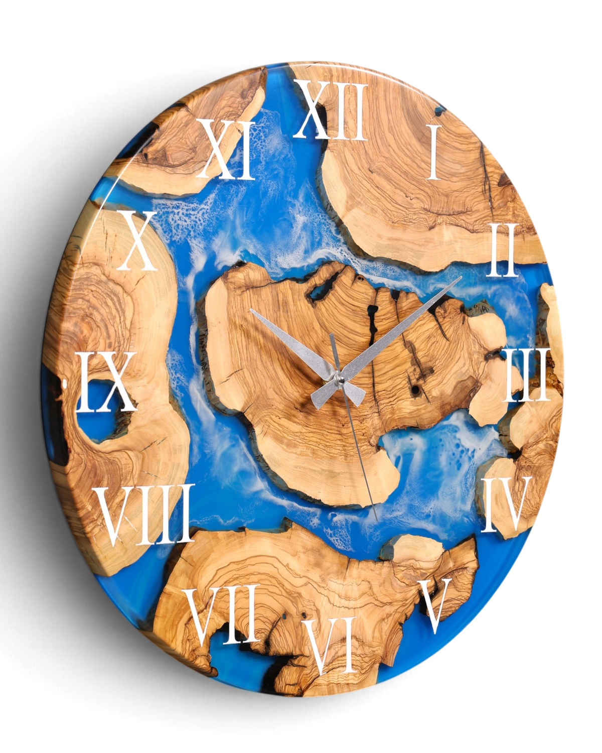 Wunderschöne Handgefertigte Epoxidharz Wanduhr Olivenbaum Blue Sea Uhr Epoxy Analog Uhr