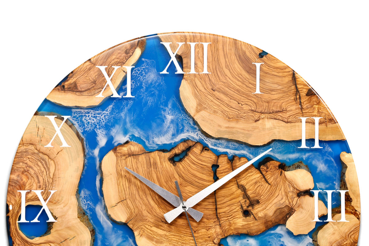 Wunderschöne Handgefertigte Epoxidharz Wanduhr Olivenbaum Blue Sea Uhr Epoxy Analog Uhr