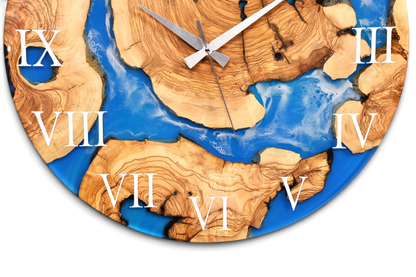 Wunderschöne Handgefertigte Epoxidharz Wanduhr Olivenbaum Blue Sea Uhr Epoxy Analog Uhr