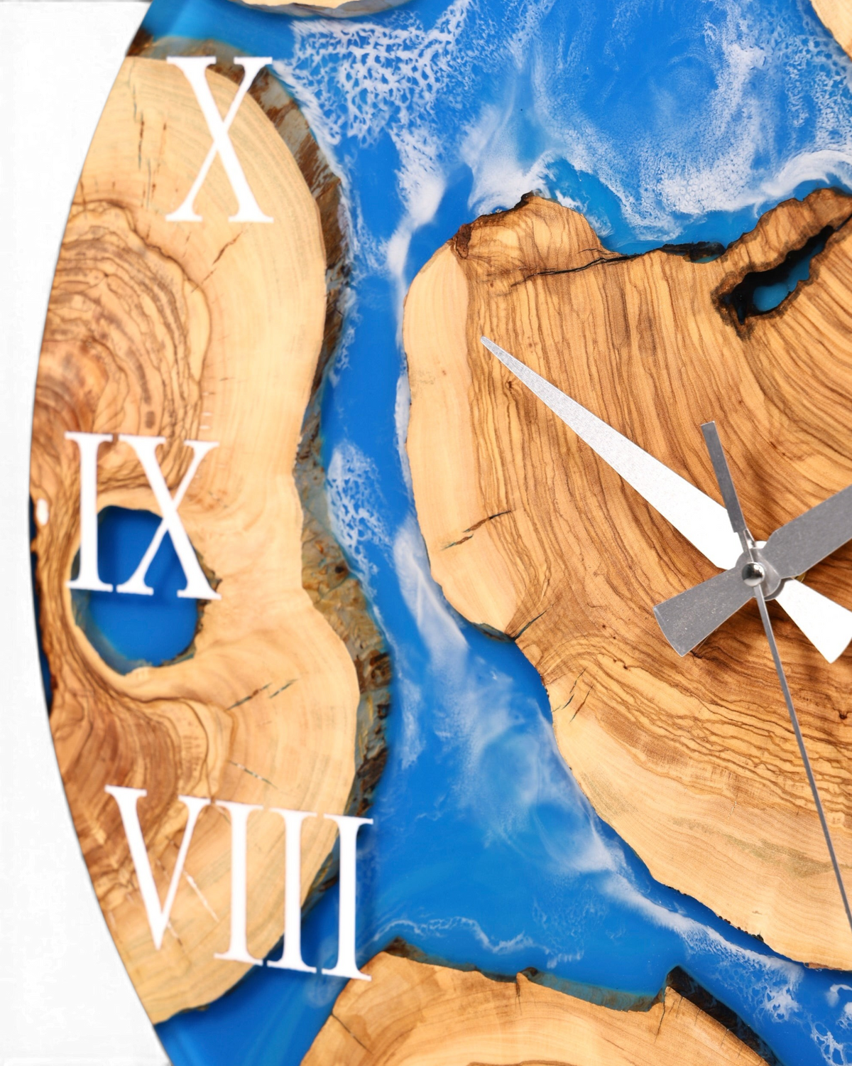 Wunderschöne Handgefertigte Epoxidharz Wanduhr Olivenbaum Blue Sea Uhr Epoxy Analog Uhr
