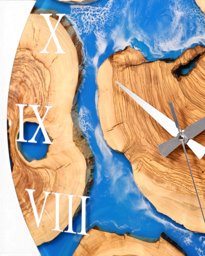 Wunderschöne Handgefertigte Epoxidharz Wanduhr Olivenbaum Blue Sea Uhr Epoxy Analog Uhr