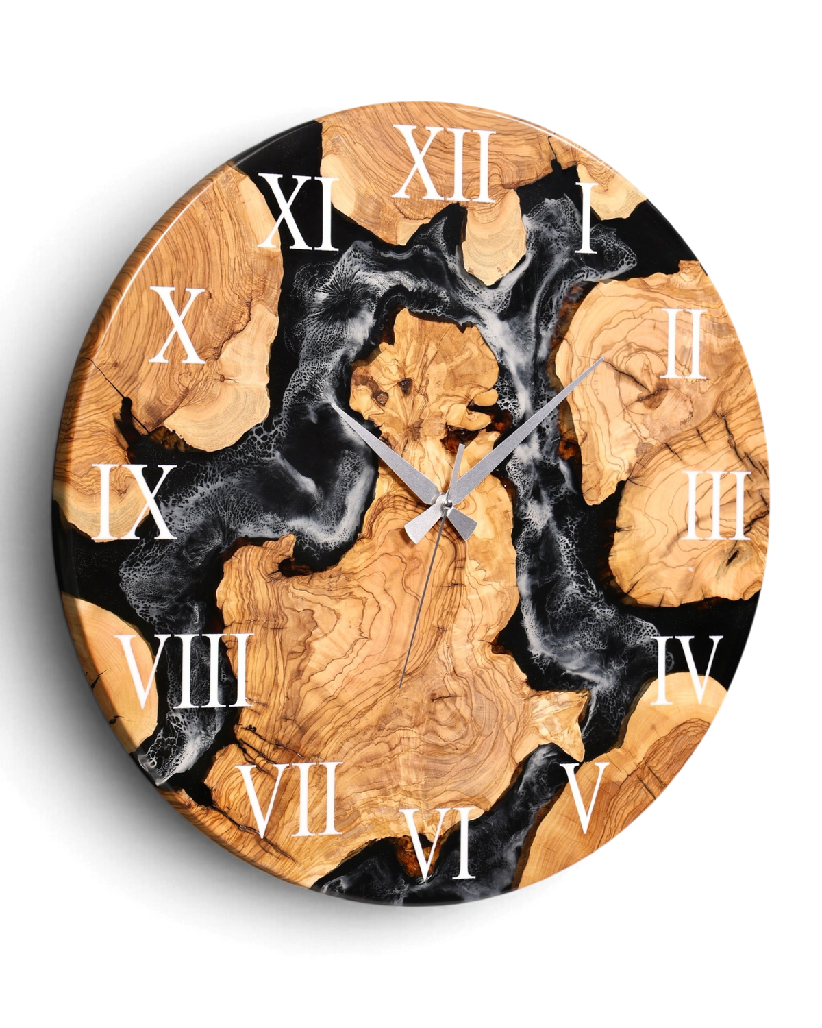 Wunderschöne Handgefertigte Epoxidharz Wanduhr Olivenbaum Uhr Black Epoxy Analog Uhr