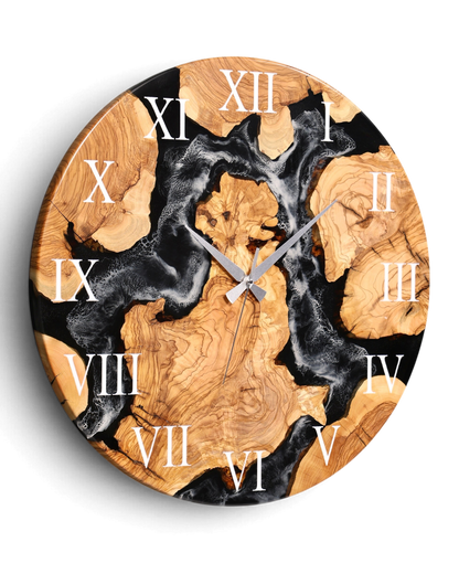 Wunderschöne Handgefertigte Epoxidharz Wanduhr Olivenbaum Uhr Black Epoxy Analog Uhr