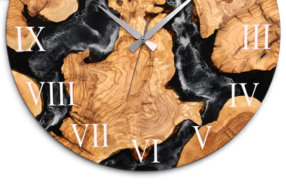 Wunderschöne Handgefertigte Epoxidharz Wanduhr Olivenbaum Uhr Black Epoxy Analog Uhr