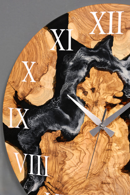Wunderschöne Handgefertigte Epoxidharz Wanduhr Olivenbaum Uhr Black Epoxy Analog Uhr
