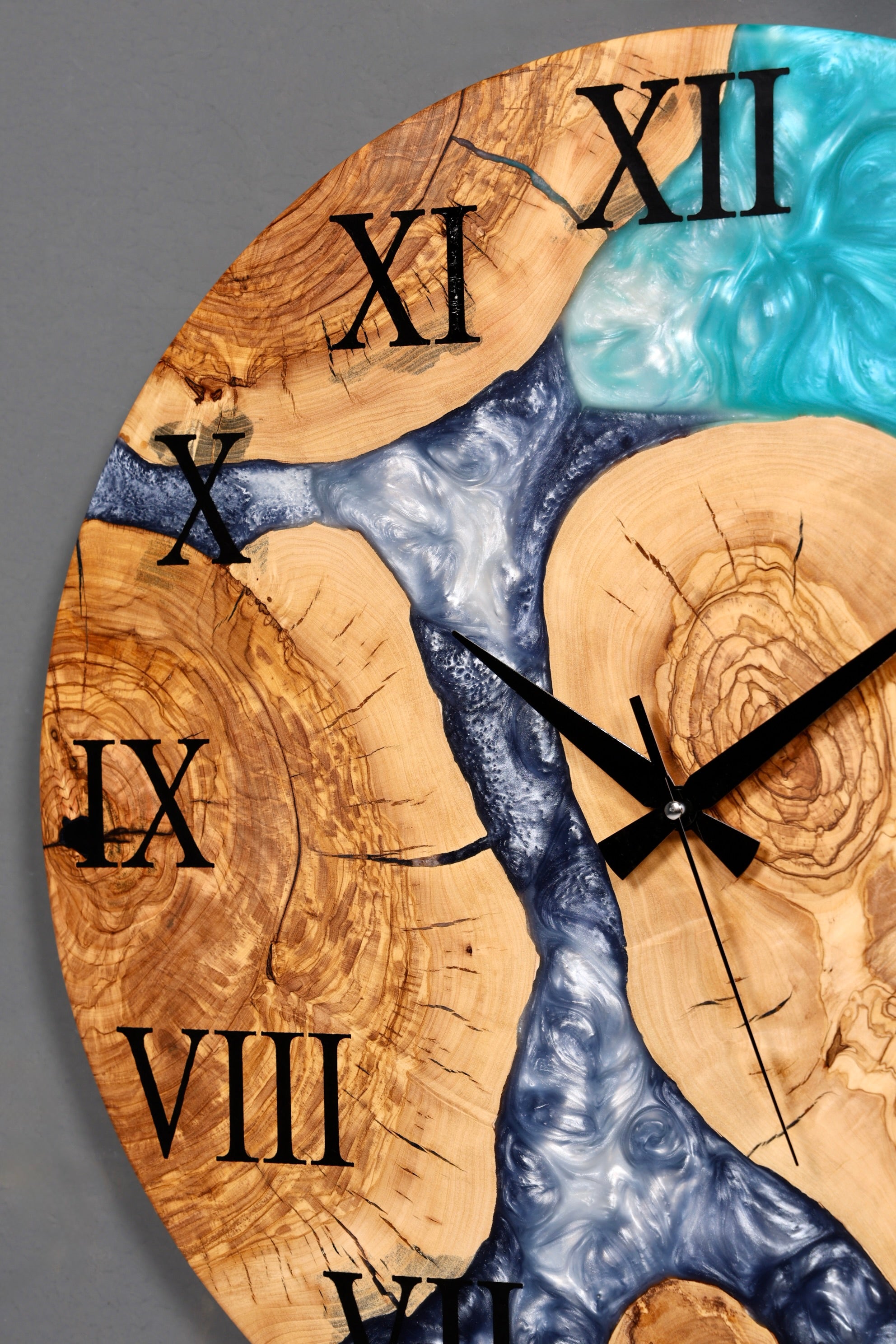 Wunderschöne Handgefertigte Epoxidharz Wanduhr Olivenbaum Blue Ocean Uhr Epoxy Analog Uhr