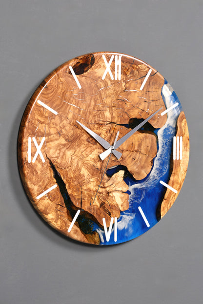 Wunderschöne Handgefertigte Epoxidharz Wanduhr Olivenbaum Uhr Waves Epoxy Analog Uhr