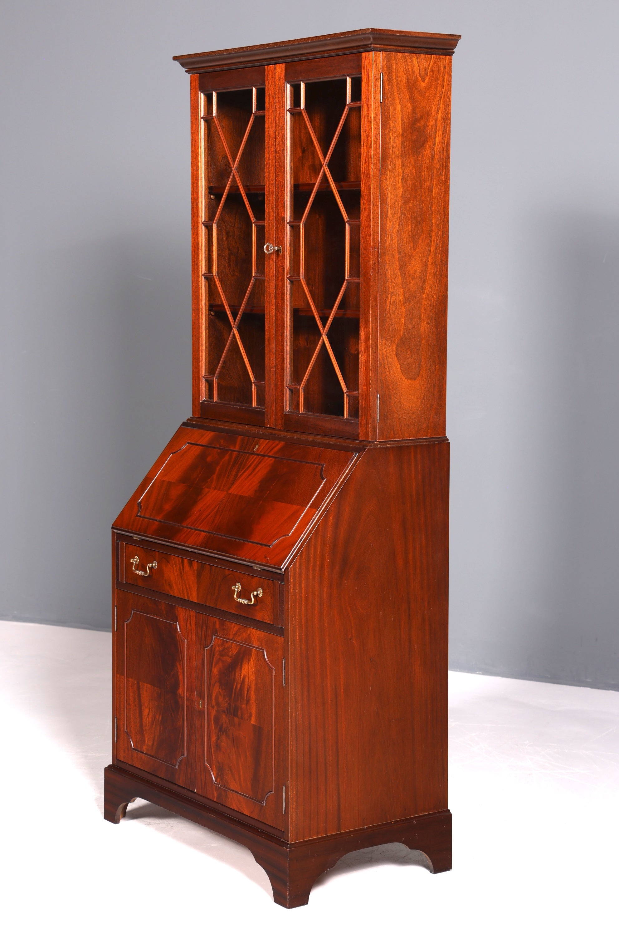Beautiful English secretary desk, antique 1960s mahogany display cabinet, UK