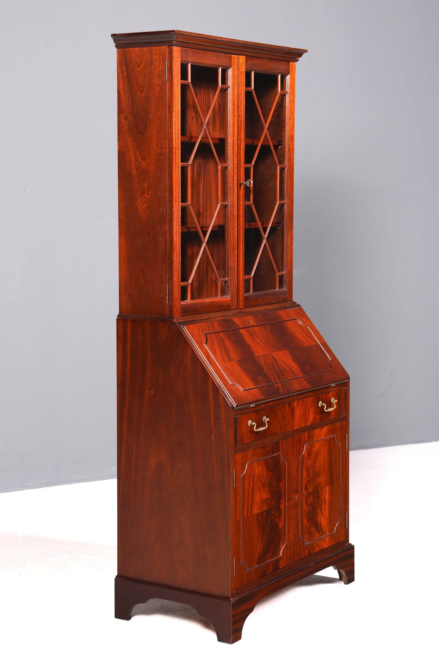 Beautiful English secretary desk, antique 1960s mahogany display cabinet, UK