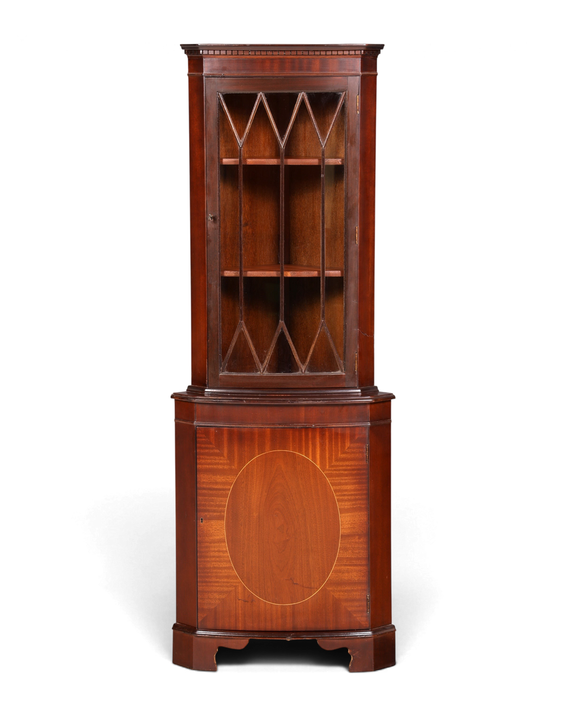 Hauptstadt Möblerei englische Eckvitrine aus Mahagoni mit verglaster Tür und eleganter Intarsienarbeit im Vintage-Stil