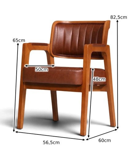 Hauptstadt Möblerei Armlehnstuhl Lima aus braunem Kunstleder und Buchenholz im Mid-Century-Design mit Maßangaben