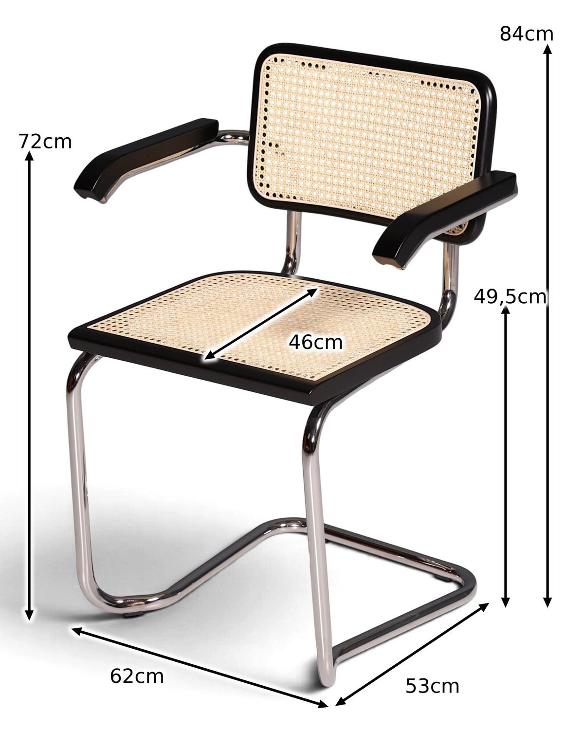 Milano Cantilever Chair with Armrests Black – Cane &amp; Chrome Frame | Made in Italy