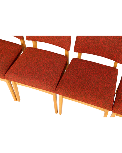 Hauptstadt Möblerei 6er-Set Mid Century Esszimmerstühle mit rotem Strukturstoff und hellem Holzgestell im 60er-Jahre-Stil