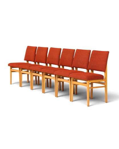 Hauptstadt Möblerei 6er-Set Mid Century Esszimmerstühle mit rotem Polster und hellem Holzgestell im 60er-Jahre-Stil