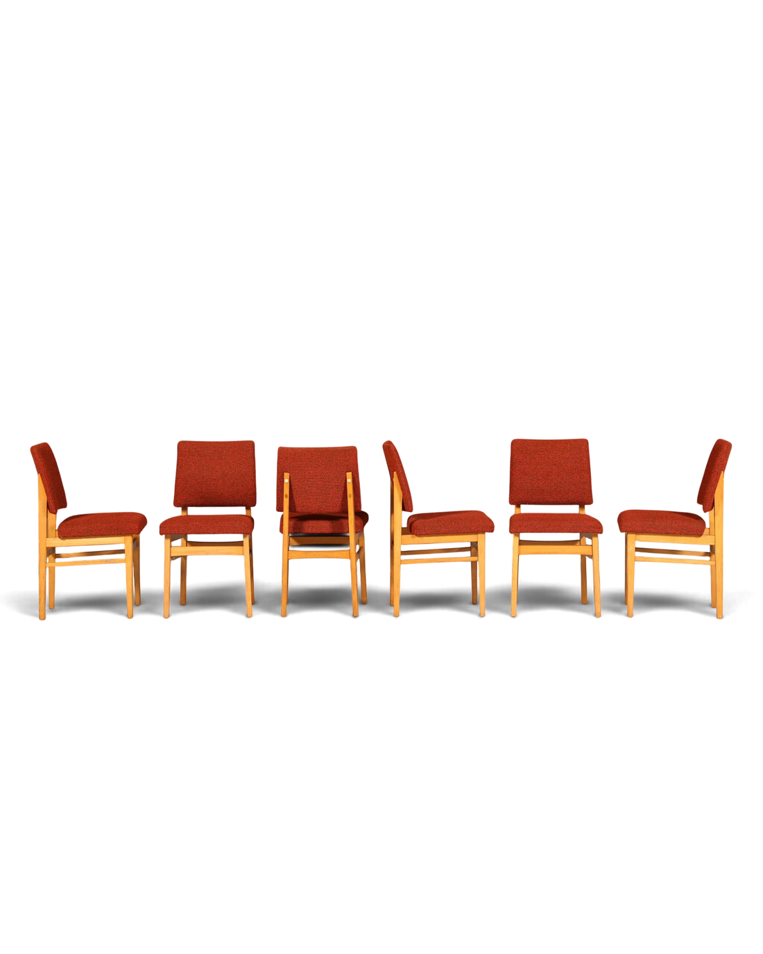 Hauptstadt Möblerei 6er-Set Mid-Century Esszimmerstühle mit Holzgestell und rotem Polster im Vintage-Stil