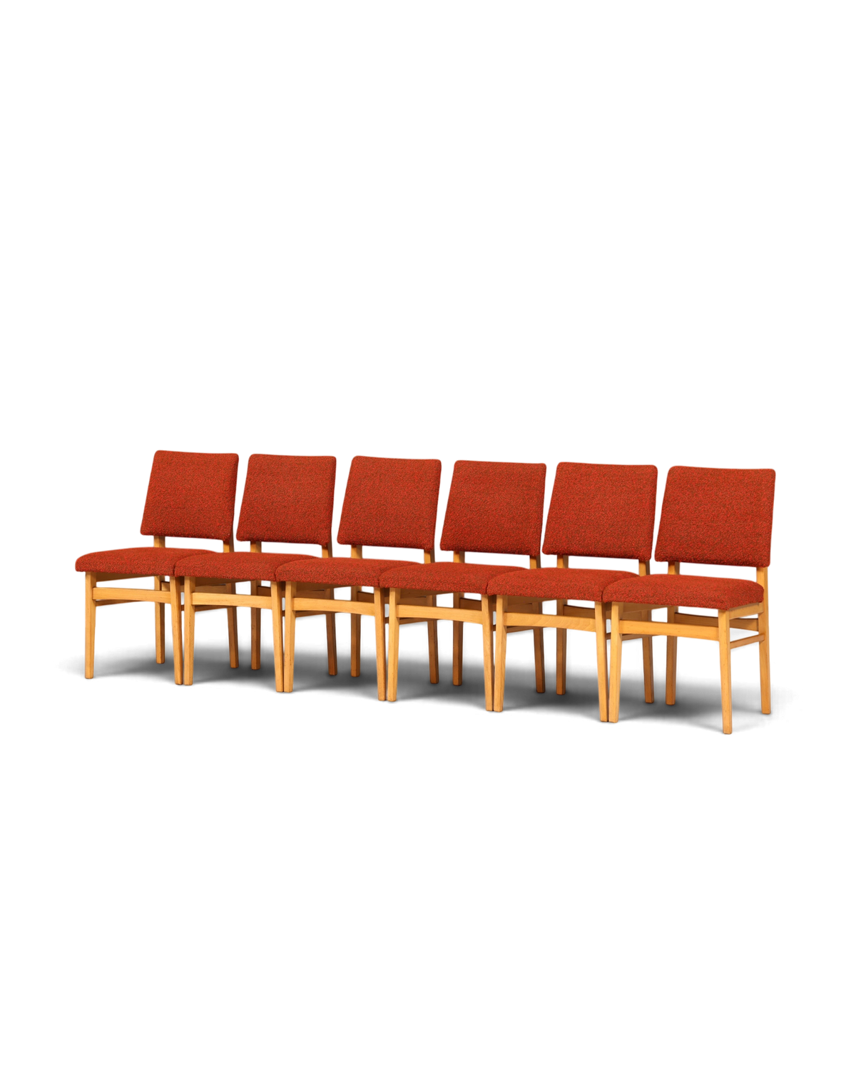 Hauptstadt Möblerei 6er-Set Mid Century Esszimmerstühle mit rotem Polster und hellem Holzgestell im 60er-Jahre-Stil