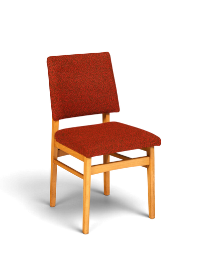 Hauptstadt Möblerei Mid Century Esszimmerstuhl mit rotem Stoffbezug und hellem Holzgestell im 60er Jahre Retro-Stil