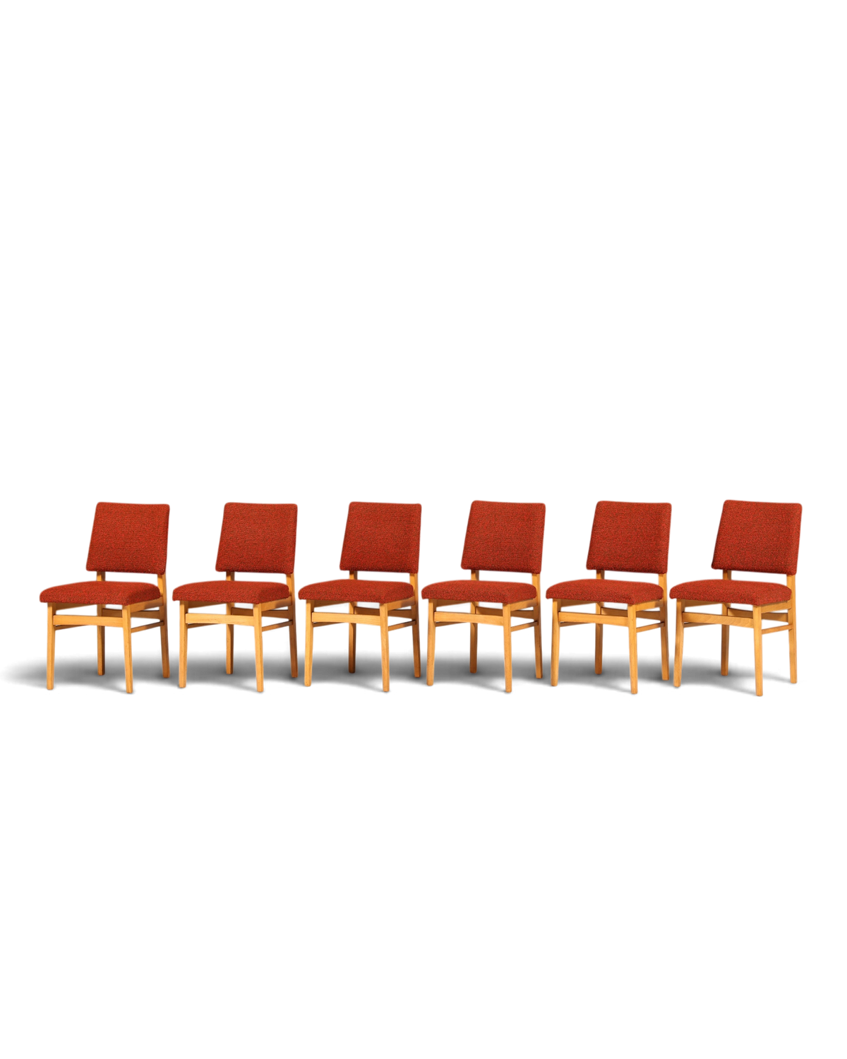 Hauptstadt Möblerei 6er-Set Mid Century Esszimmerstühle mit Holzgestell und rotem Polsterbezug im 60er-Jahre-Stil