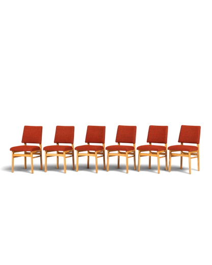 Hauptstadt Möblerei 6er-Set Mid Century Esszimmerstühle mit Holzgestell und rotem Polsterbezug im 60er-Jahre-Stil